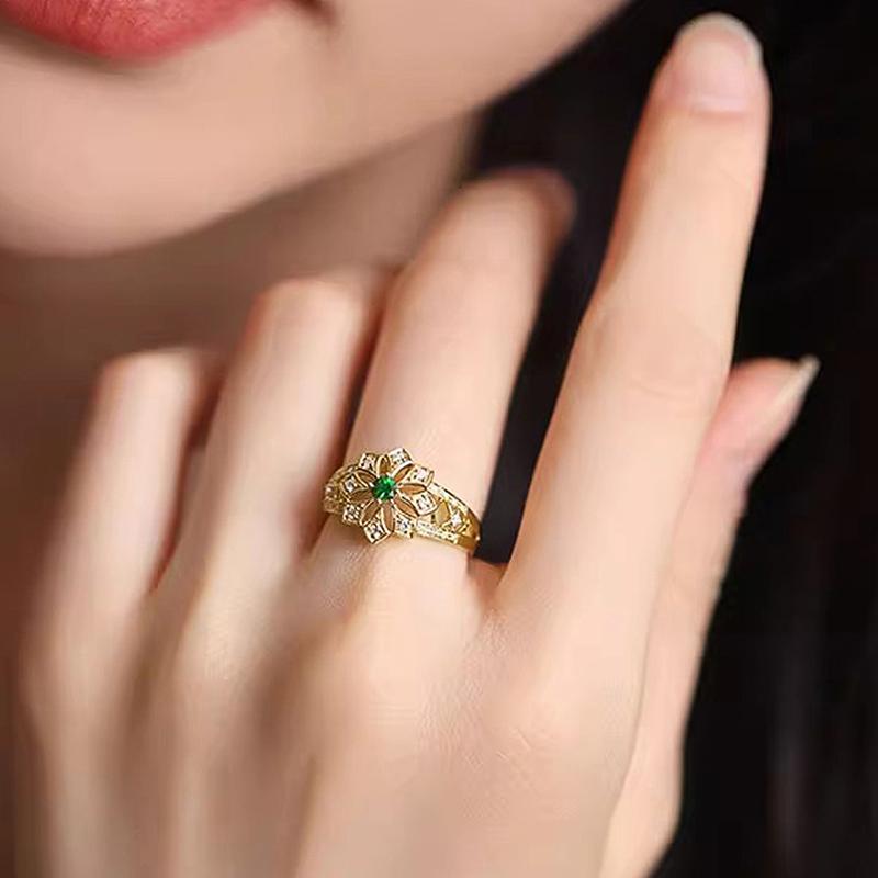 Huitan Hollow Flower Design Gold Color Rings for Women Luxury Green/White Cubic Zircon Wedding Party Temperament Female Jewelry