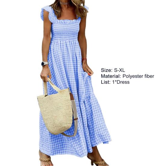 Square Collar Sleeveless Ruffle Trim Summer Dress Plaid Print Stitching Large Hem