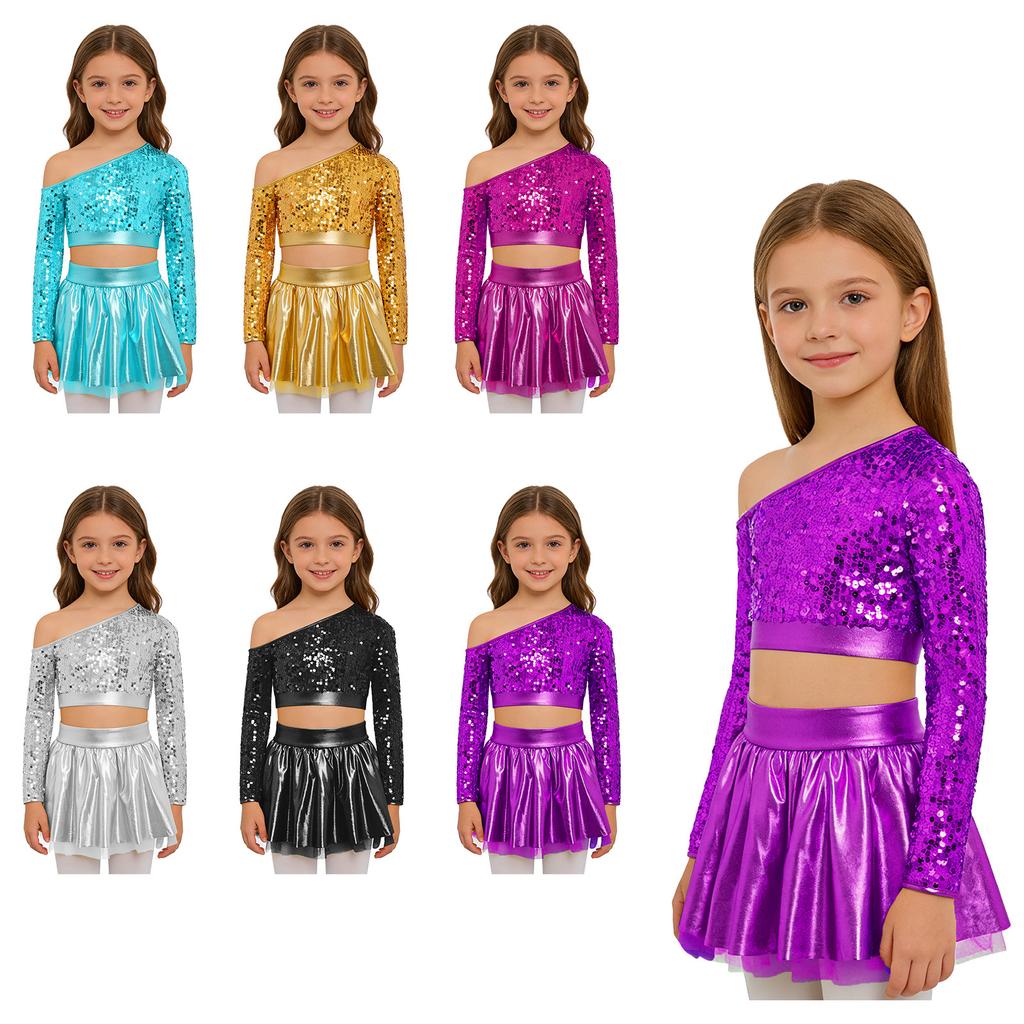 Kids Girls Jazz Dance Costume One Shoulder Long Sleeve Sequins Top with Elastic Waistband Metallic Tutu Skirt for Performance Competition