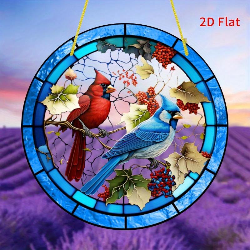 2D Flat Cardinal & Bluebird Stained Glass Decoration Sign, Autumn Leaves & Berries Design, Home Decor Plaque Hanging Wall Art Decorative Garden Decora