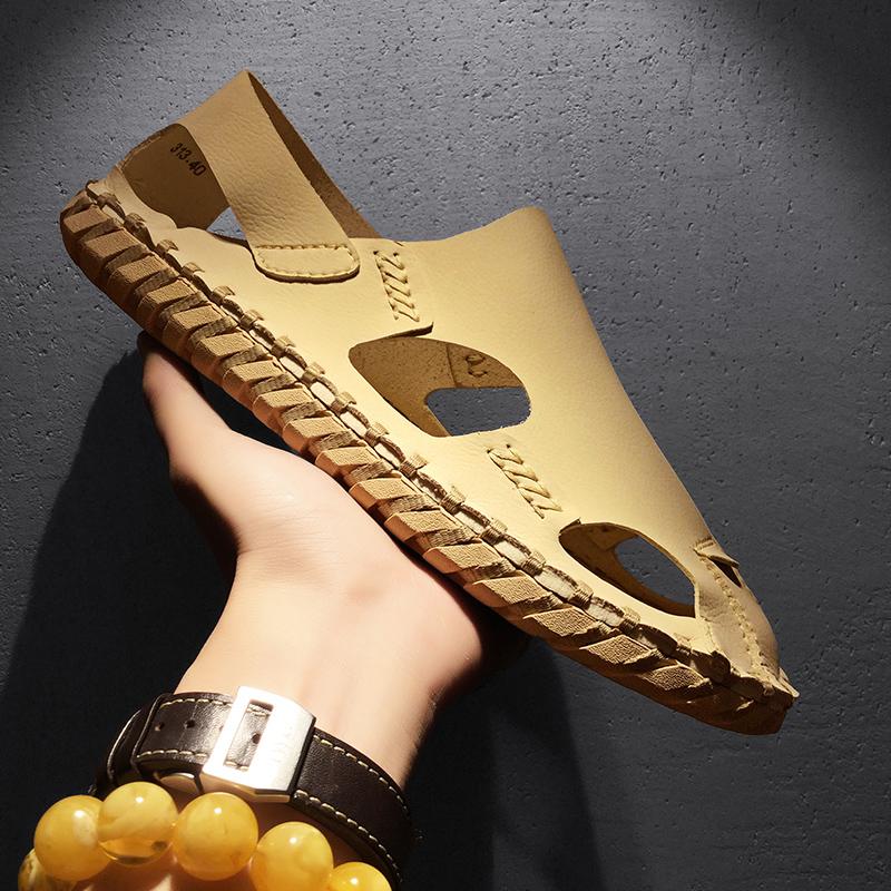 2024Men's Summer Beach Shoes Sandals Retro Trend Men's Shoes Leather Slippers New In Fashion Slippers Handmade Male Beach Shoes