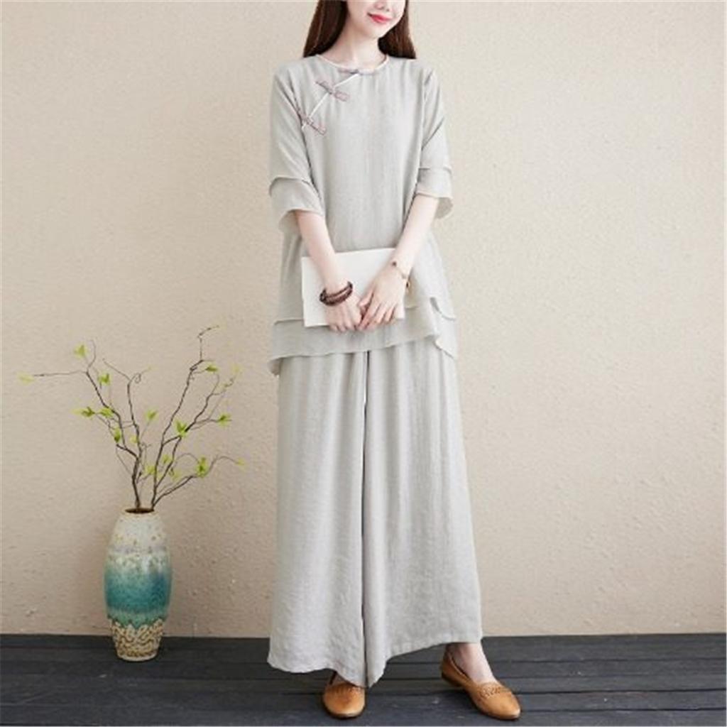 Ensemble 2 pièces Style Chinois pour Femme, Tenue de Yoga, Vêtement de Méditation Bouton Grenouille en Lin, Costume Laïque Bouddhiste Respirant d'Été