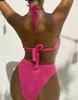 Women's Swimsuit Solid Color Halter Neck Back Ties Sexy Cutout High Waist Bikini Beachwear Bathing Suits