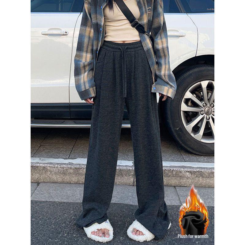 Petite Women's High-Waisted Velvet Pants: Thick, Glutinous Rice Texture, Casual, Slimming, Loose, Straight & Wide Leg, Floor-Length for Autumn/Winter.