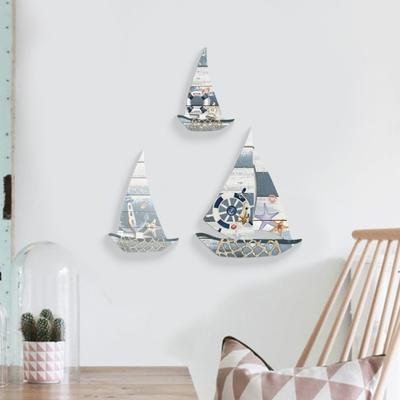 3 Pcs Wooden Sailboat Wall Art Coastal Nautical Beach Ship Sculpture Lake House Wall Hanging Decoration for Bedroom Bathroom Nursery
