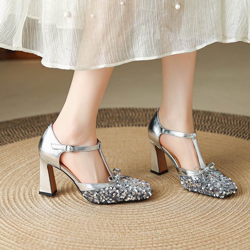 Krazing Pot Paillettenstoff Quadratische Zehenpartie Größe 41 High Heels Bling Glänzend Party Hochzeitsschuhe Herbst Schleife Pumps