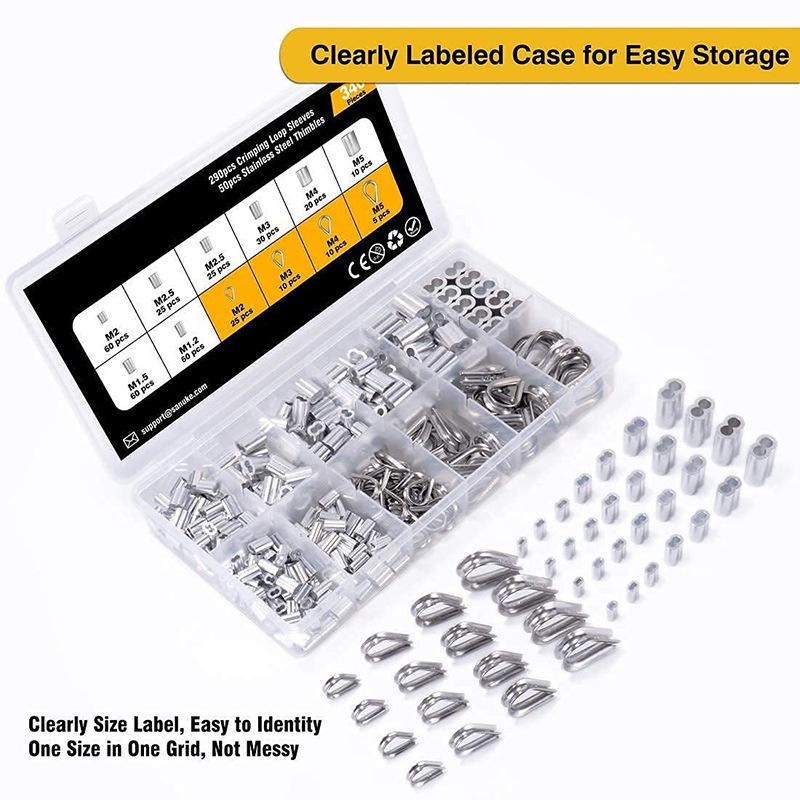 340-Piece Stainless Steel Wire Rope Kit with 304 Stainless Steel Thimbles, Ferrules, Double Hole Aluminum Sleeves, and Figure 8 Rigging