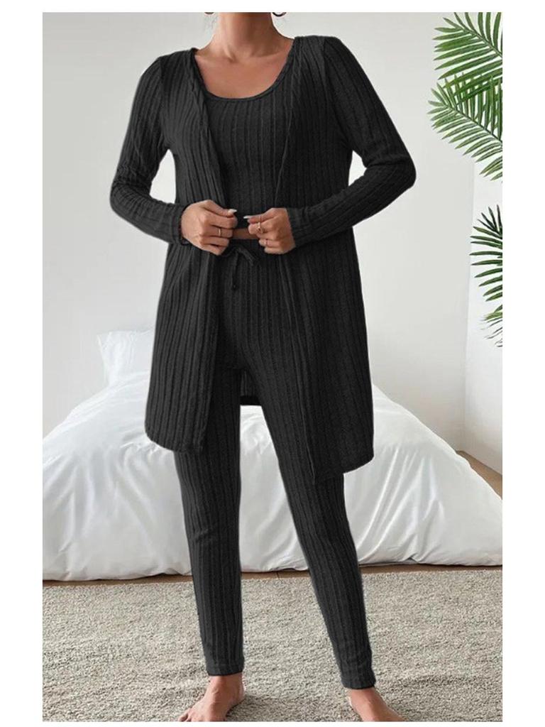 Nieuwe Stijlvolle Ronde Hals Geribbelde Effen Kleur Dames Driekwart Set