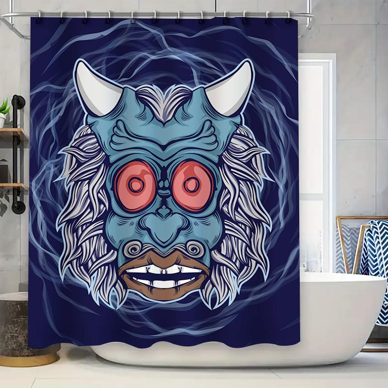 Tuniu Blue Yokai Face Japanese Noh Mask Bathroom Curtain For Room Decor Wall Hanging Shower Curtain