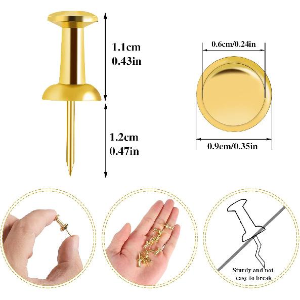 200 Count Gold Push P - Standard Plastic Head Steel Point Thumb Tacks for Bulletin Board, Cork Board, Wall Hanging - Decorative Office Supplies