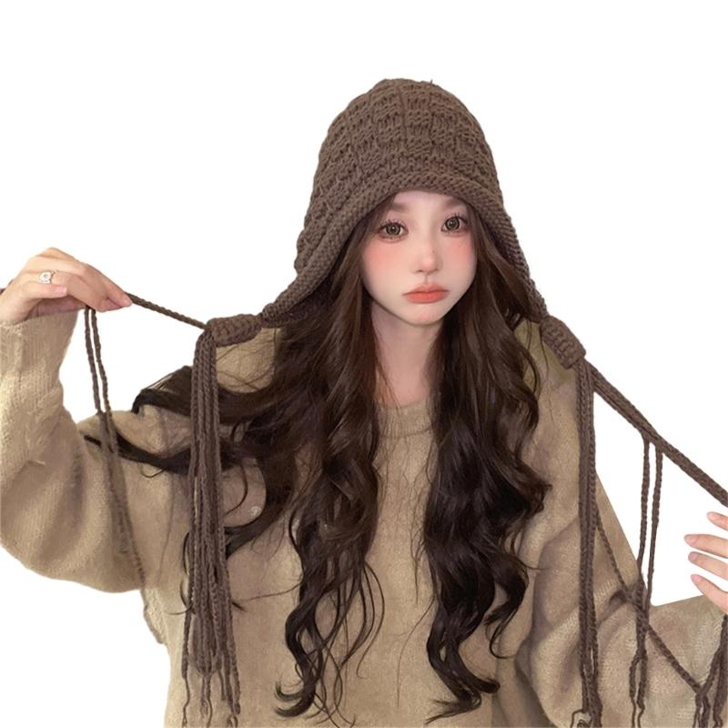 Handmade Fringed Braids Hat Y2K Sweet Girl Warm Beanie Hat InsStyle Bonnet Winter Autumn Skull Hat Pullover Earflap Hat