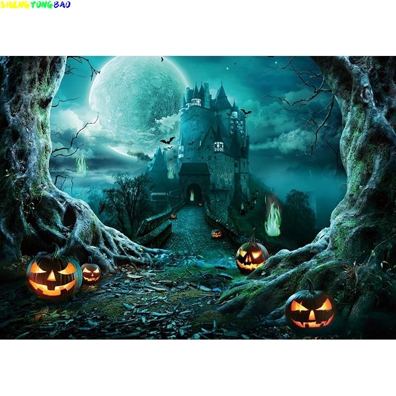 Halloween Backdrop Full Moon Scary Night Castle Trees Pumpkin Lantern Photography Background Kids Adult Family Party Decor WH-01