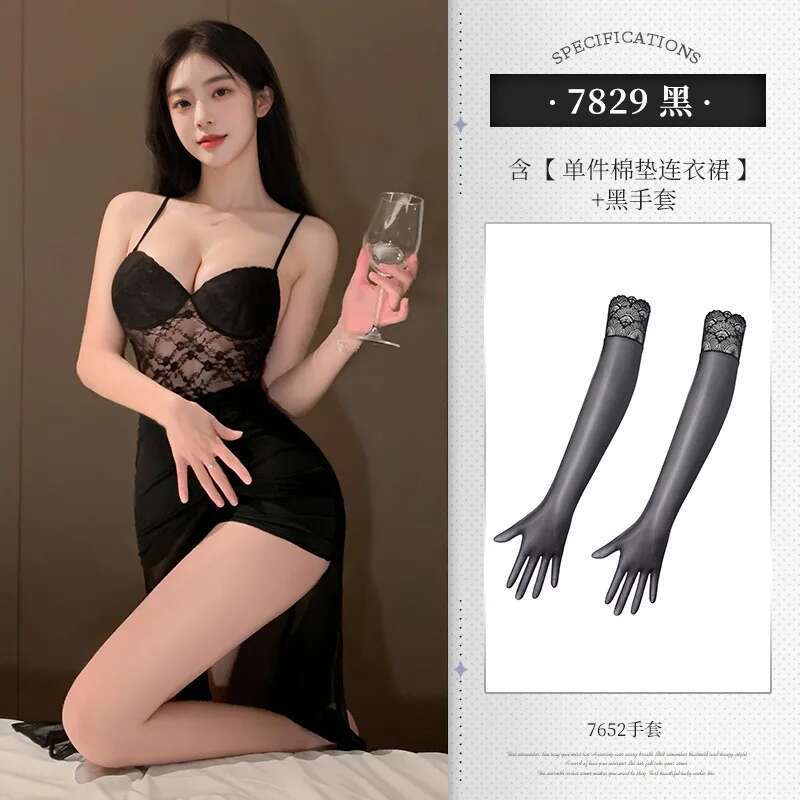 Mesh Lace Black Sweet Sexy Women Sheer Dresses Chest Mat Fish Tail Sleeping Skirt Strap Sexy Uniform Dress Elegant Korean AVN7