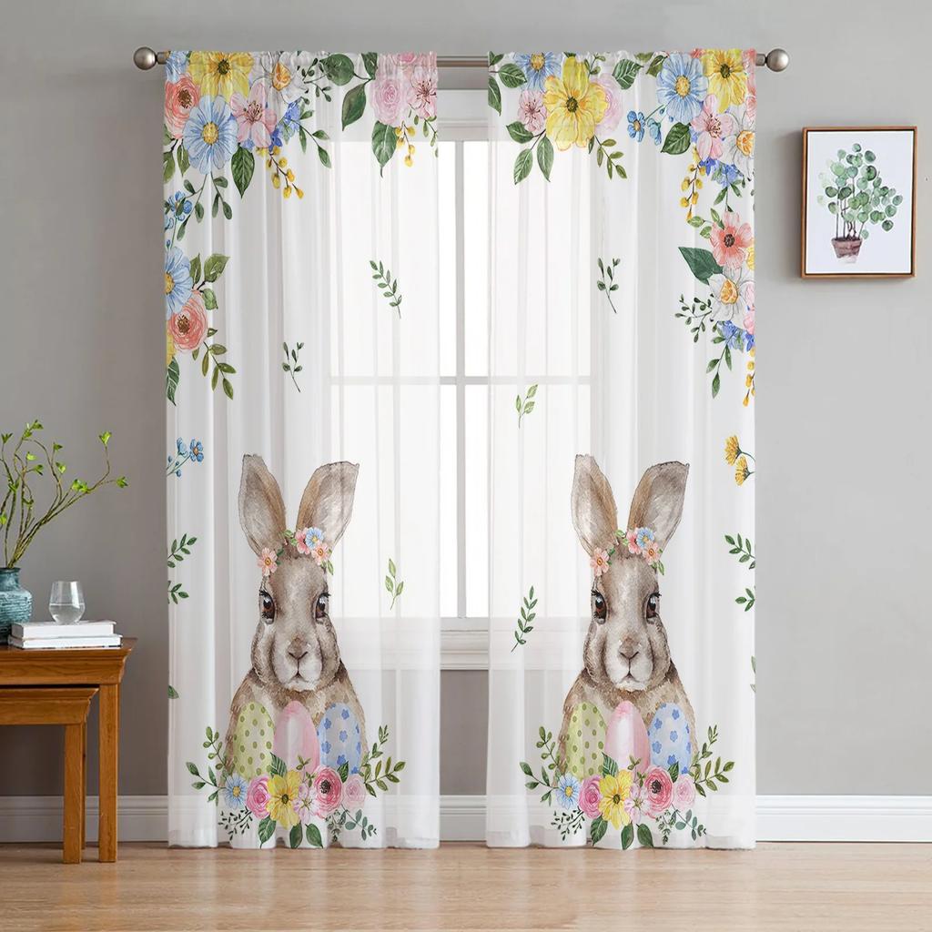 Easter Truck Bunny Butterfly Cherry Blossom Curtains Living Room Voile Curtain Bedroom Tulle Window Drapes Sheer Made Of Polyester Sitting Decor