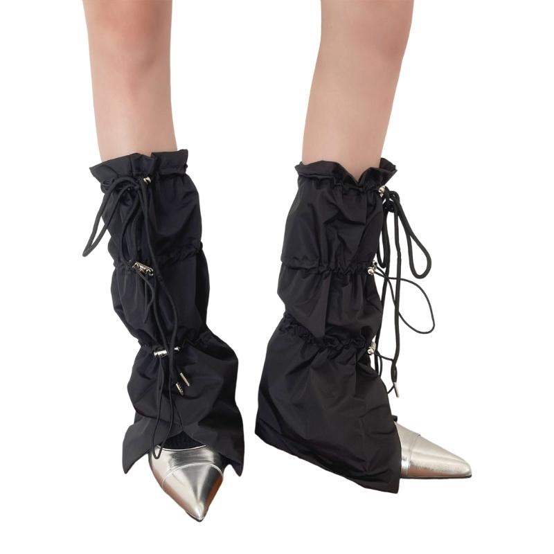 Women Harajuku Leg Warmer with Adjustable Drawstring Punk Flared Long Socks Grunge Baggy Loose Foot Cover Streetwear