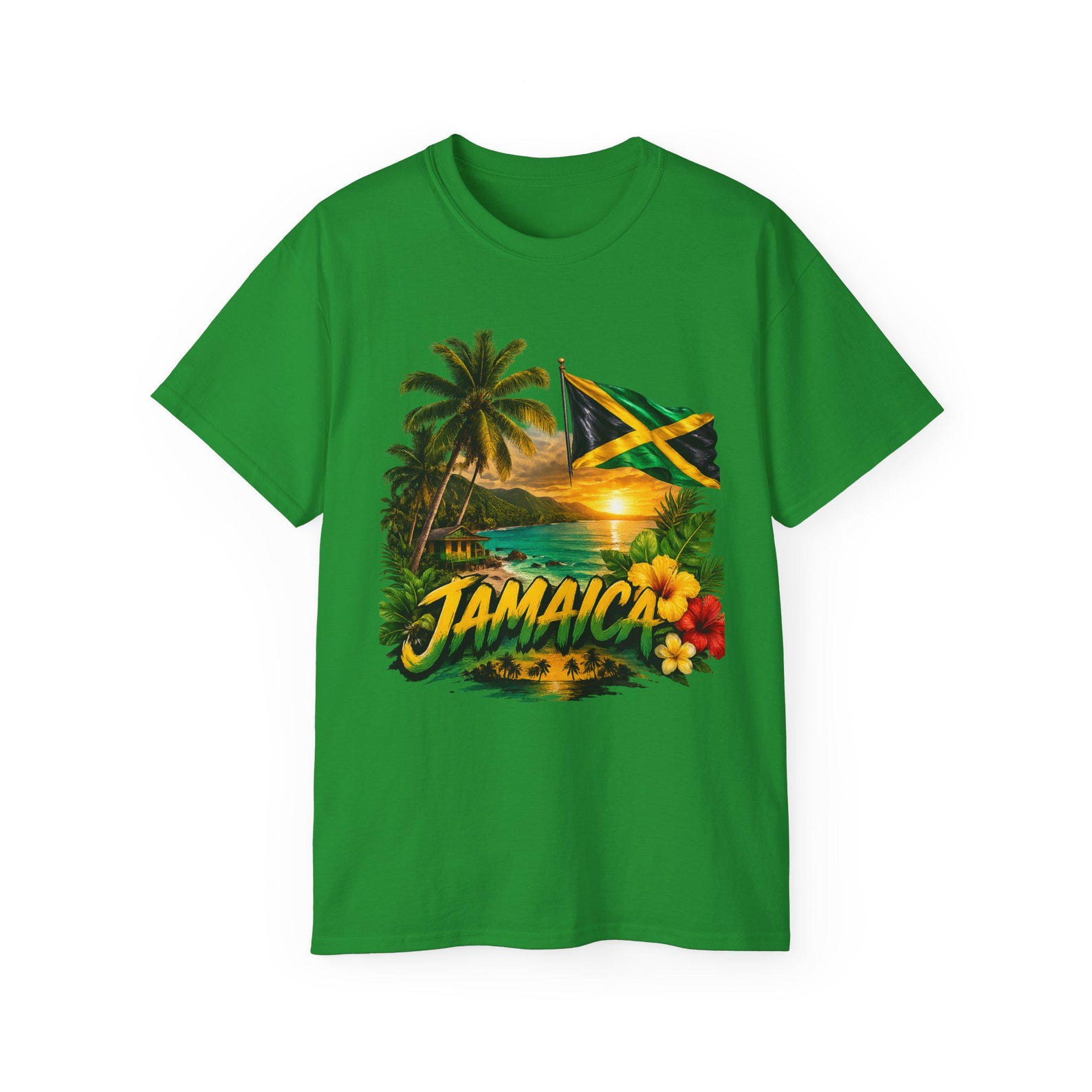 Jamaica Sunset Beach Scene T-Shirt | Jamaican Flag, Palm Trees, Tropical Flowers XL