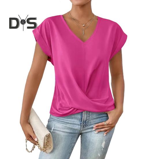 Dámské topy s výstřihem do V, s krátkým rukávem, s mačkaným designem, tričko jednobarevné, volného střihu, s křížovým plisováním, pro každodenní nošení