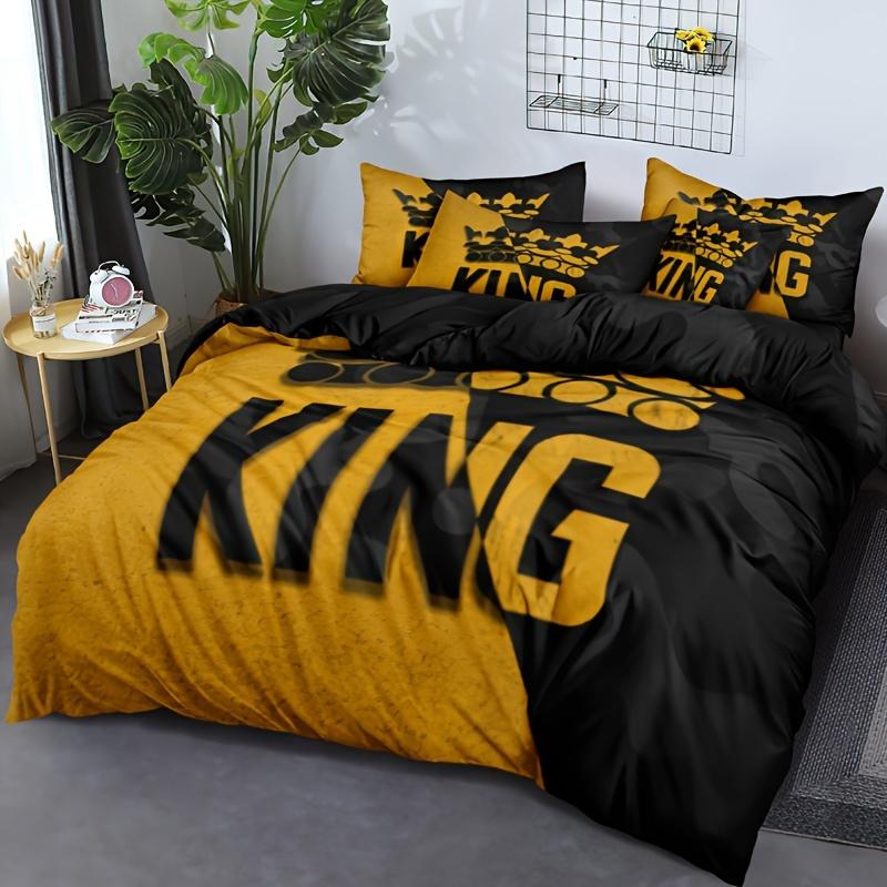 Copripiumino con motivo King giallo e nero, set di biancheria da letto morbida e confortevole per camera da letto, camera degli ospiti e arredamento del dormitorio