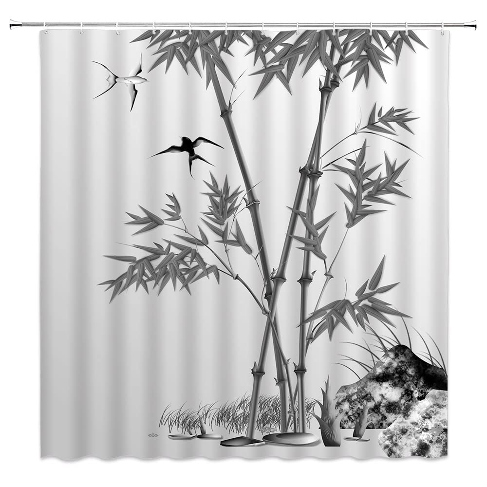 Landscape Shower Curtain Spring Season Pink Flower and Pavilion Scenery on Lake Chinese Style Bathroom Decor Hanging Curtain with Hooks