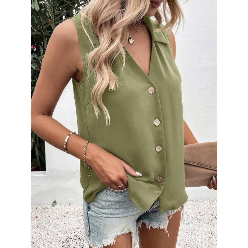 Women Summer New Style Solid Color V Neck Loose Chiffon Shirt Sleeveless Button Down Vest Blouse