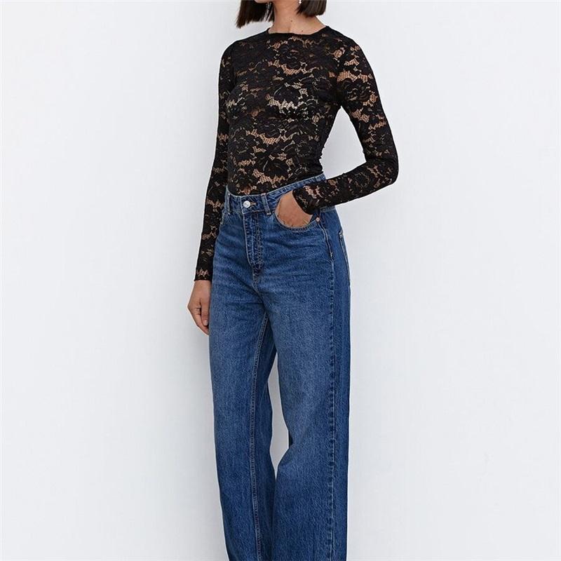 Tooxika Black Lace Slim See-through Long Sleeve New Spring And Autumn Fashion Tops