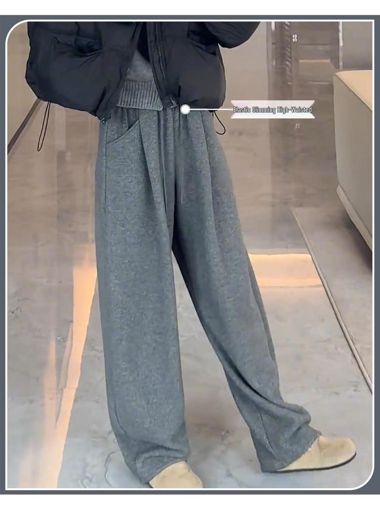 Women's Gray Cloud Scimitar Pants with Plus Velvet, Autumn/Winter 2025 - Woolen Wide-Leg, Drape, Relaxed Fit.