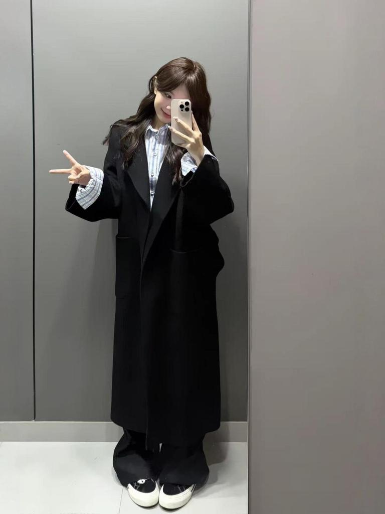 Korean Style Slimming Black Wool Coat - Women's Long Double-Sided Overcoat (Autumn/Winter 2025)