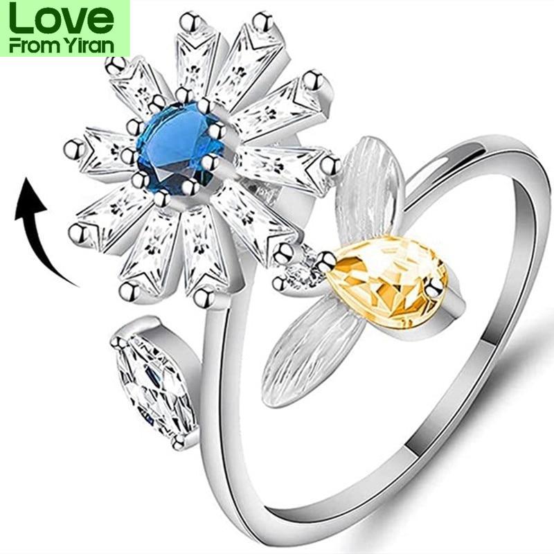 Finger Spinner Rings Fidget Anxiety Rings Sunflower For Women Relieving Anxiety Rings Rotate Anti Stress Rings Toy GirlTrendy Rings