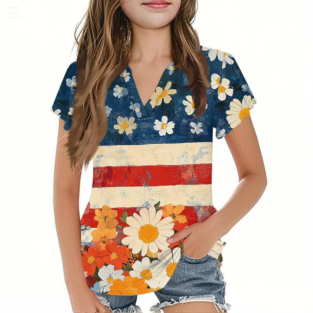 Summer Children's Casual Fashion Short-Sleeved V-Neck Independence Day Girls' Top