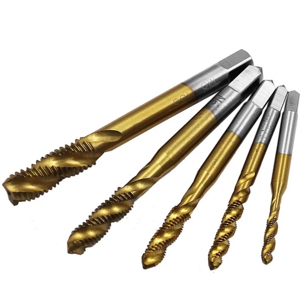 5pc Titanium Coated HSS Spiral Flute Screw Threading Taps Drill Tools For Machine Metals M3 M4 M5 M6 M8 Metric Hand Tool