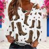Women Plus Size Asymmetric Cutout Neck Cold Shoulder Long Sleeve Leopard Cherry Printed White Fitted Top
