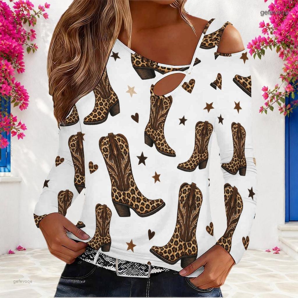Women Plus Size Asymmetric Cutout Neck Cold Shoulder Long Sleeve Leopard Cherry Printed White Fitted Top