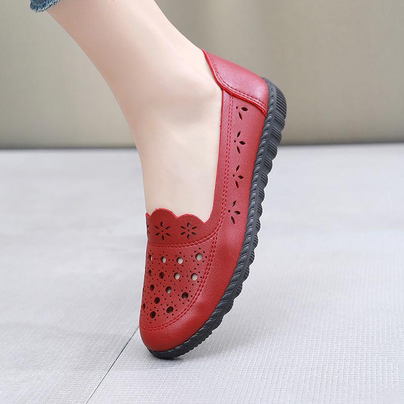 Summer Hollow Breathable Leather Shoes Women's Comfortable Soft-soled Hole Shoes Non-slip Mother To the Age of