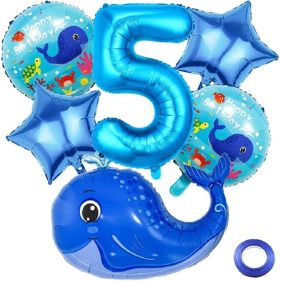 5th Birthday Whale Balloons, Blue, 9 Count, Ocean Theme, Boys & Girls