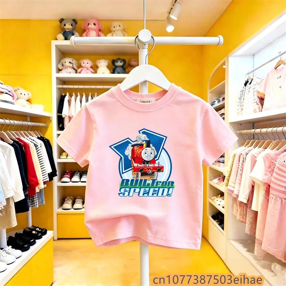 Cartoon Print Thomas Train Short Sleeve Tshirt Pure Cotton Summer Y2K Fun Trendy Design Casual Wear for Toddler Boys and Girls