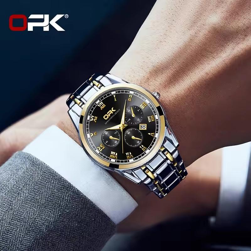 OPK 8119 Dual Calendar Men's Quartz Watch Waterproof Luminous Stainless Steel Wristwatch with Stainless Steel Band for Men