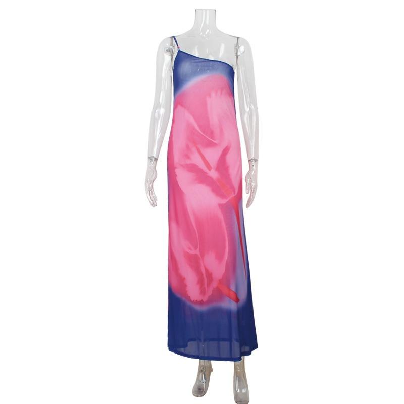 Women s New Temperament Diagonal Collar Suspender Big Halter Print Dress Slim Split Skirt S