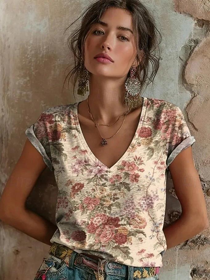 2026 Women's Tops Women's Floral T-Shirt Summer 2026 Short Sleeve Casual Loose Vintage Streetwear Fashion Clothes for Woman