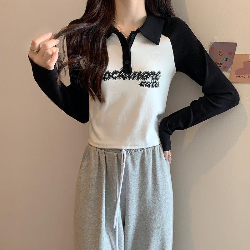 

Дизайнерский смысл Европейская станция ретро Американская футболка женская весна и осень контрастные прошитые буквы шикарный лацкан рубашка поло M