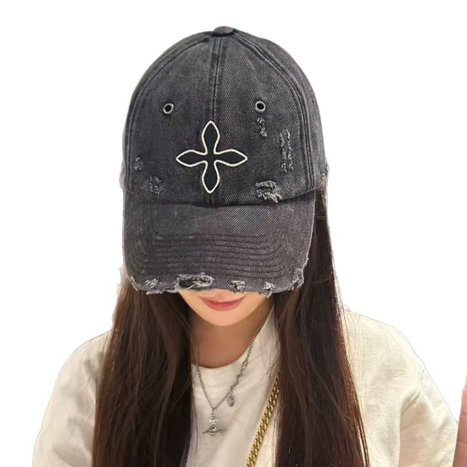 SK Cross flower baseball cap with embroidered letters, casual sports retro denim baseball cap with adjustable sunshade and curved brim