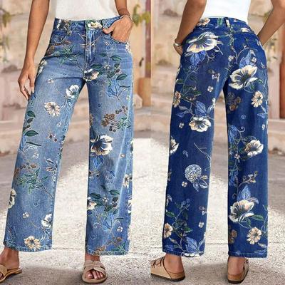 New Floral Pattern Straight-leg High-waisted Jeans, Retro Random Print Loose Wide-leg Jeans