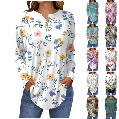 Fashion Loose Button Collar  Floral Print Long Sleeve T-Shirt Top Pullover