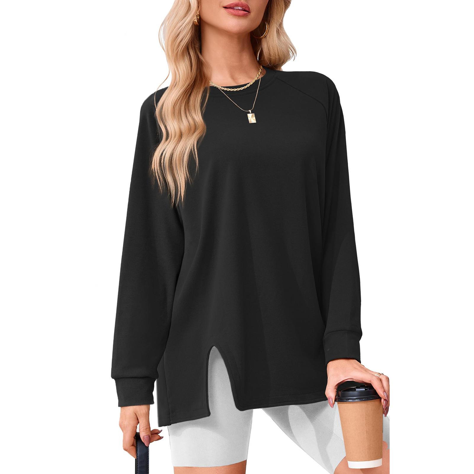 

Женская модная футболка свободного кроя с круглым вырезом и длинными рукавами, однотонная S чёрный