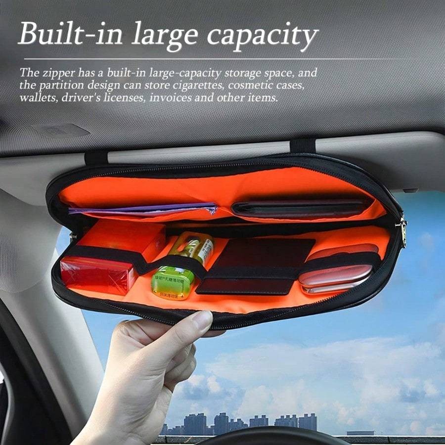 Car Sun Visor Organizer Multi-Pocket Storage For Sunglasses, Cards, Cash, License, Pen & Keys | Auto Interior Accessory With Zipper Net Pocket