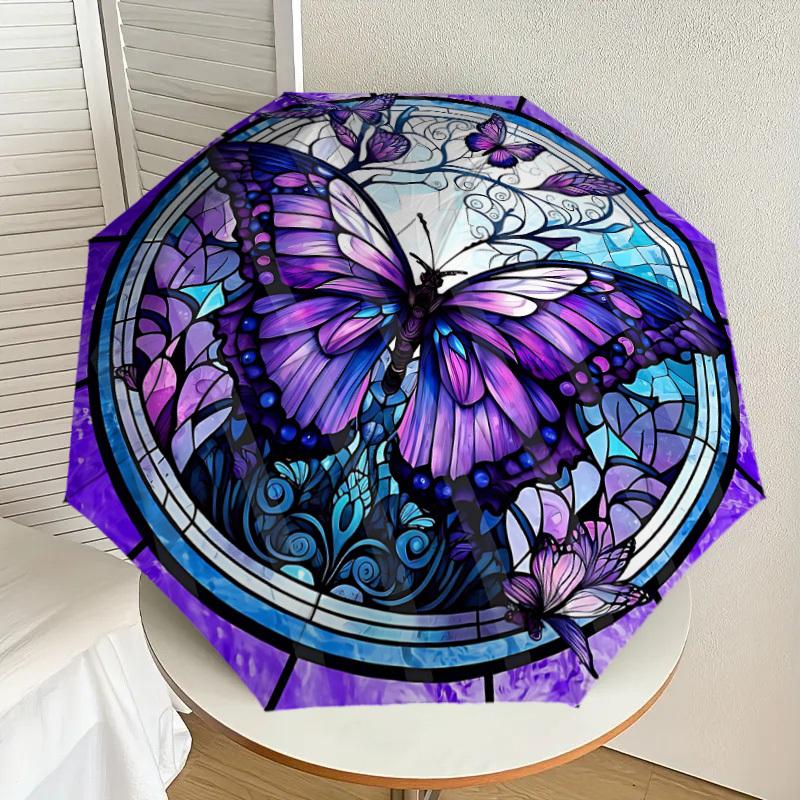 1pc Butterfly Stained Glass Automatic Folding Umbrella, Heavy-Duty 8-Rib Construction, Perfect for Everyday yy251114135