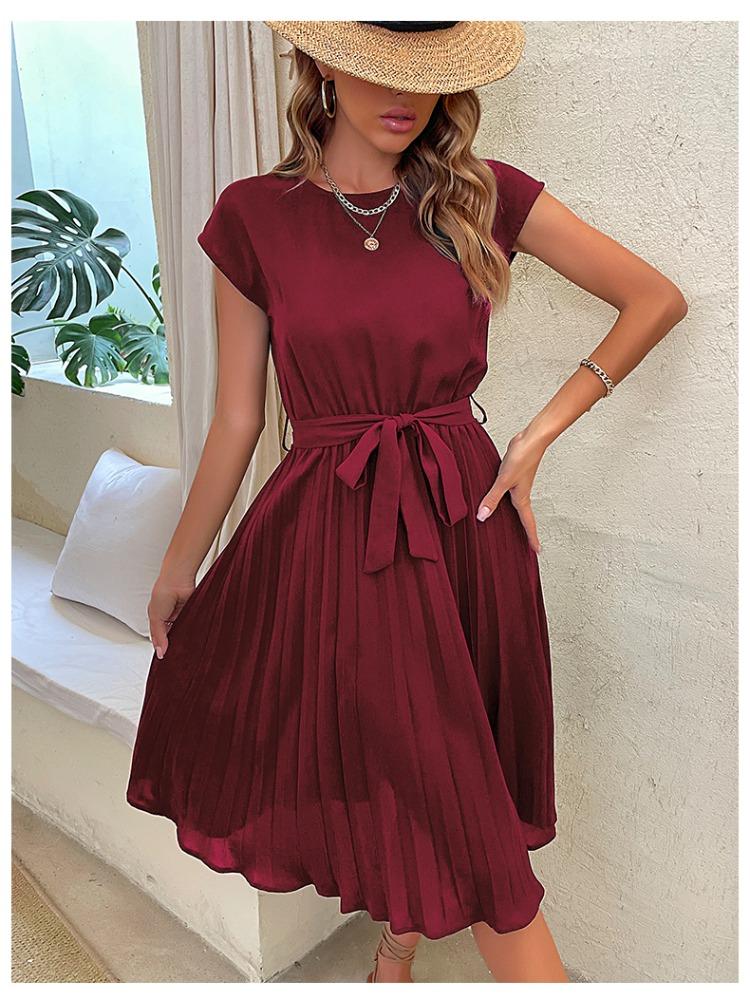 

Женские однотонные плиссированные платья-миди, летнее повседневное платье с круглым вырезом и короткими рукавами, рюшами, бандажное платье, женское пляжное шикарное платье трапециевидной формы, Vestidos XXL вино красного