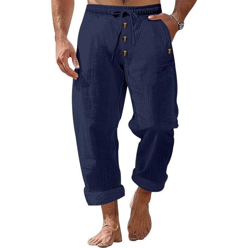 Pantaloni Casual da Uomo in Cotone e Lino Tinta Unita Larghi con Coulisse e Bottone Uomo