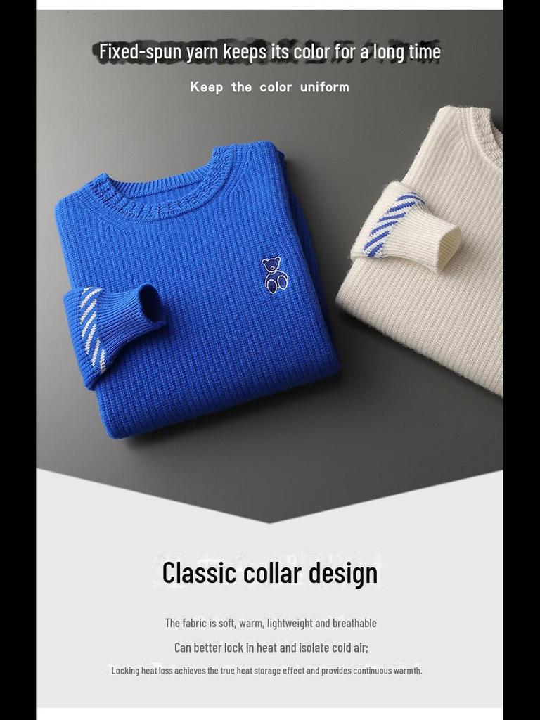 Men's 100% Wool Round Neck Sweater - Thickened, Fashionable, Casual Loose Fit for Teens, Solid Color Knitted Design.