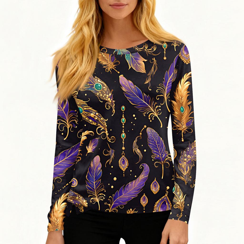 Women's Fashion Casual Slit Hem Round Neck Long Sleeve Loose Printed T-Shirt Top
