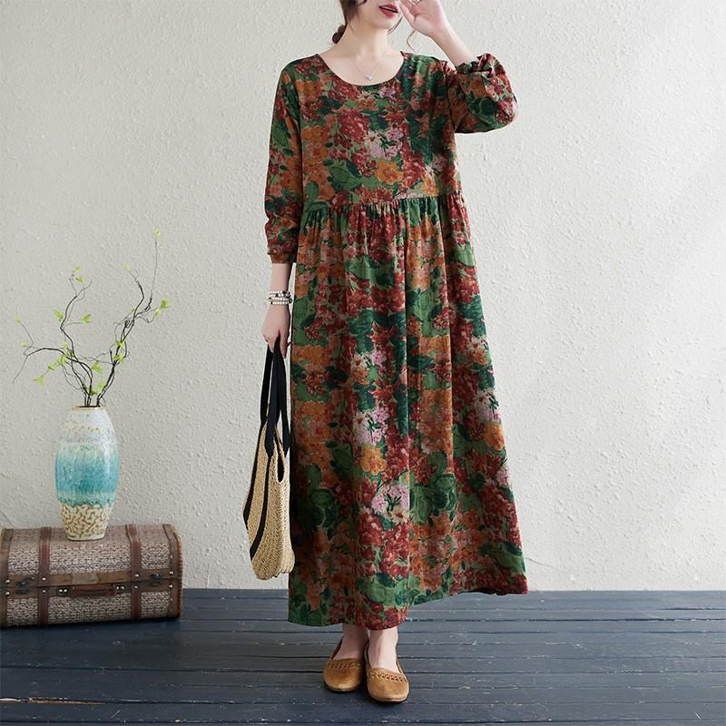 Plus Size Květinové Boho Bavlněné Lněné Cestovní Šaty Volné Velké Vintage Sváteční Dlouhé Šaty